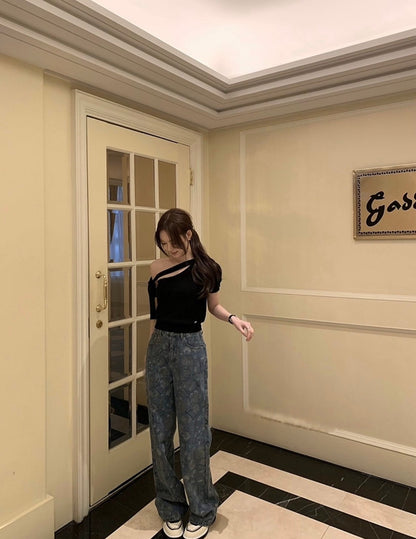 Mar. 法式中古小香 斜肩繫帶羊毛針織上衣 黑