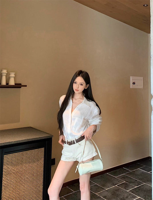 25Aug. LUP休閒王牌亞麻襯衫 翻摺休閒短褲 米白色系