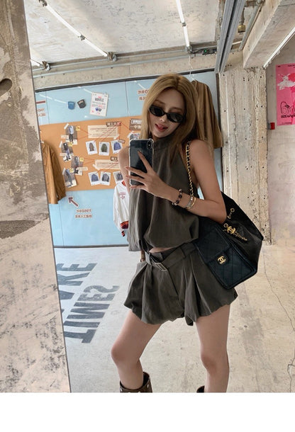 25Jul. 金珍妮同款私服 工裝掛脖花苞背心套裝