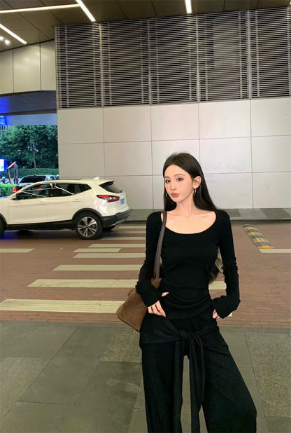 May. Lu系紙片系列 大U領上衣假兩件式綁帶休閒褲套裝 黑