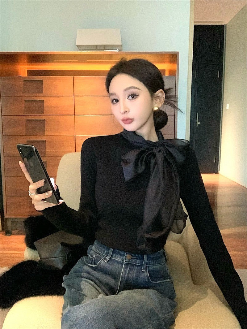 Feb. 內搭高手 綁帶蝴蝶領純色長袖上衣 黑