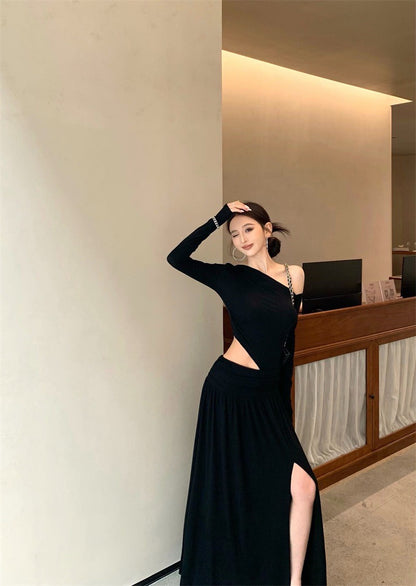 Jun. 戛納女神裙 氣質縷空抓皺開叉連身裙 黑