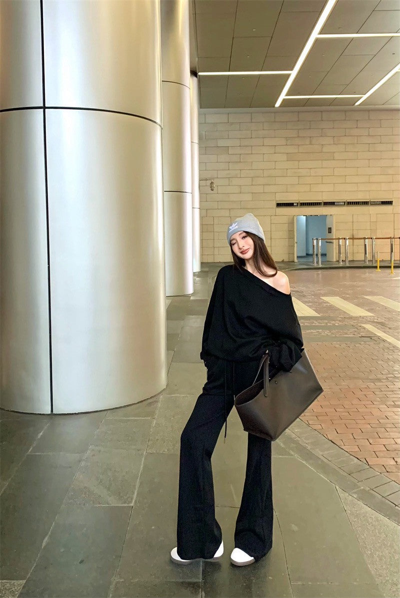 25Jul. 美式時髦穿 休閒純色上衣喇叭褲套裝 黑