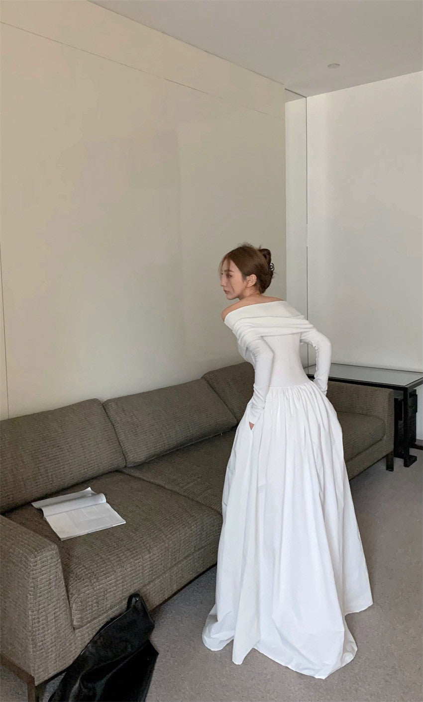 26Jan. 長期主義針織一字領拼接赫本連身裙 黑/白