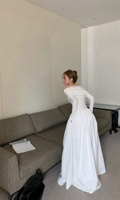 26Jan. 長期主義針織一字領拼接赫本連身裙 黑/白