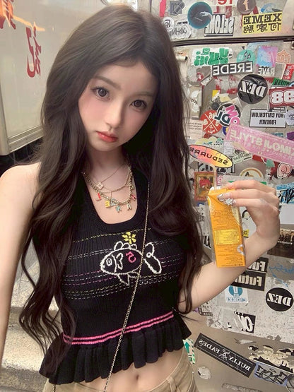 Jun. 童趣魚兒刺繡 收腰花瓣針織背心 黑