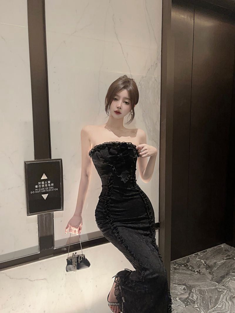 26Sep. 華麗晚宴 立體蝴蝶結抹胸連身長裙 黑