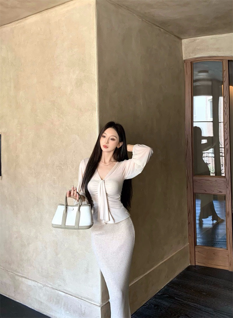 25Nov. 溫柔褶皺V領純欲天花板上衣 針織裙