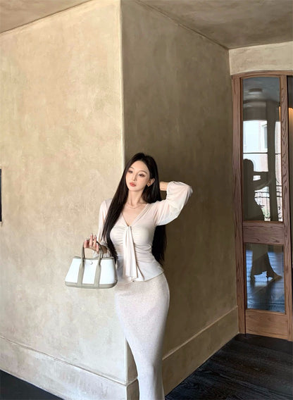 25Nov. 溫柔褶皺V領純欲天花板上衣 針織裙