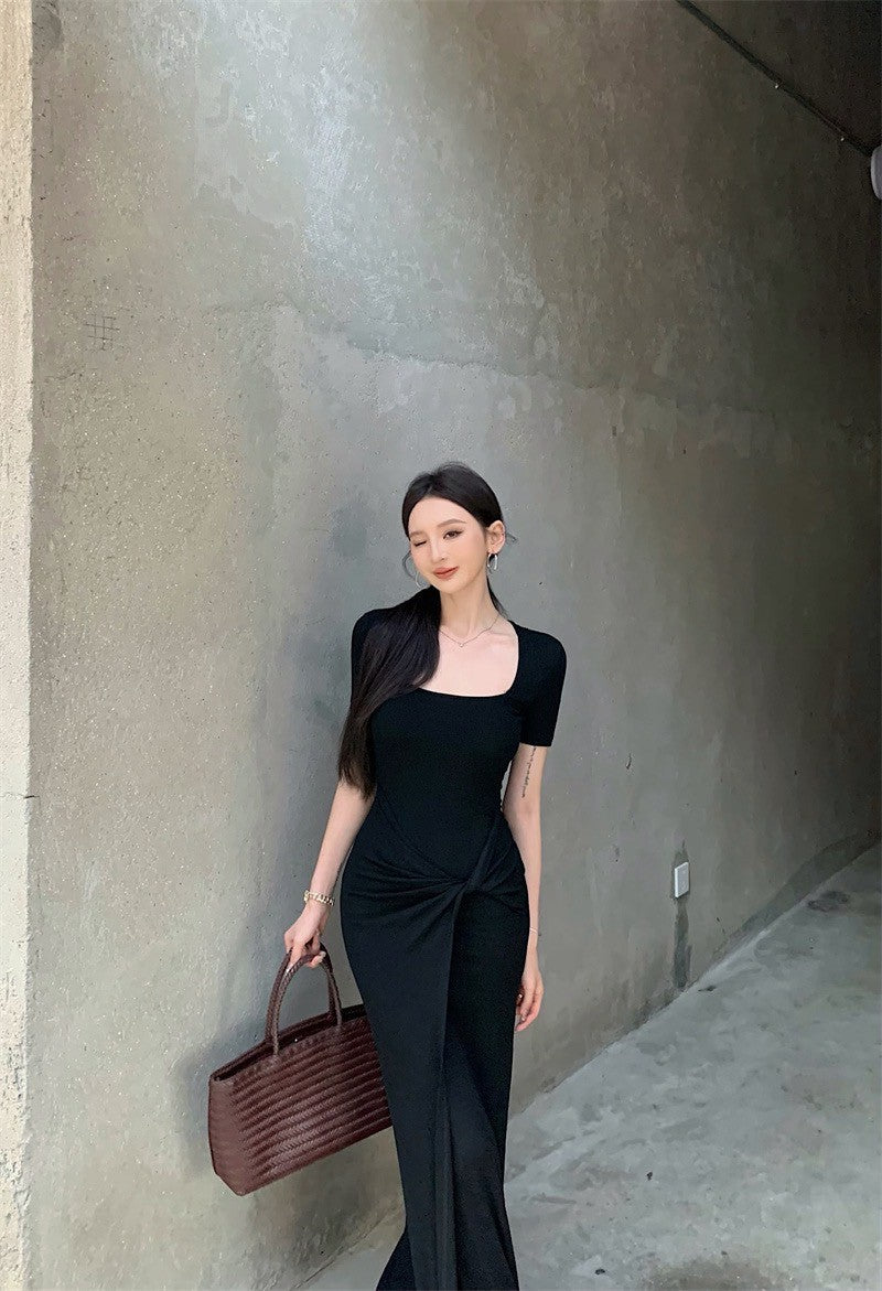 25Aug. 舒適性休閒方領綁帶遮肉肉連身裙 灰/黑