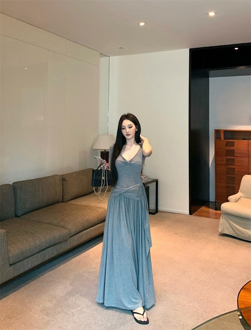 25Aug. 簡約韓系V領褶皺紙片連身裙 灰