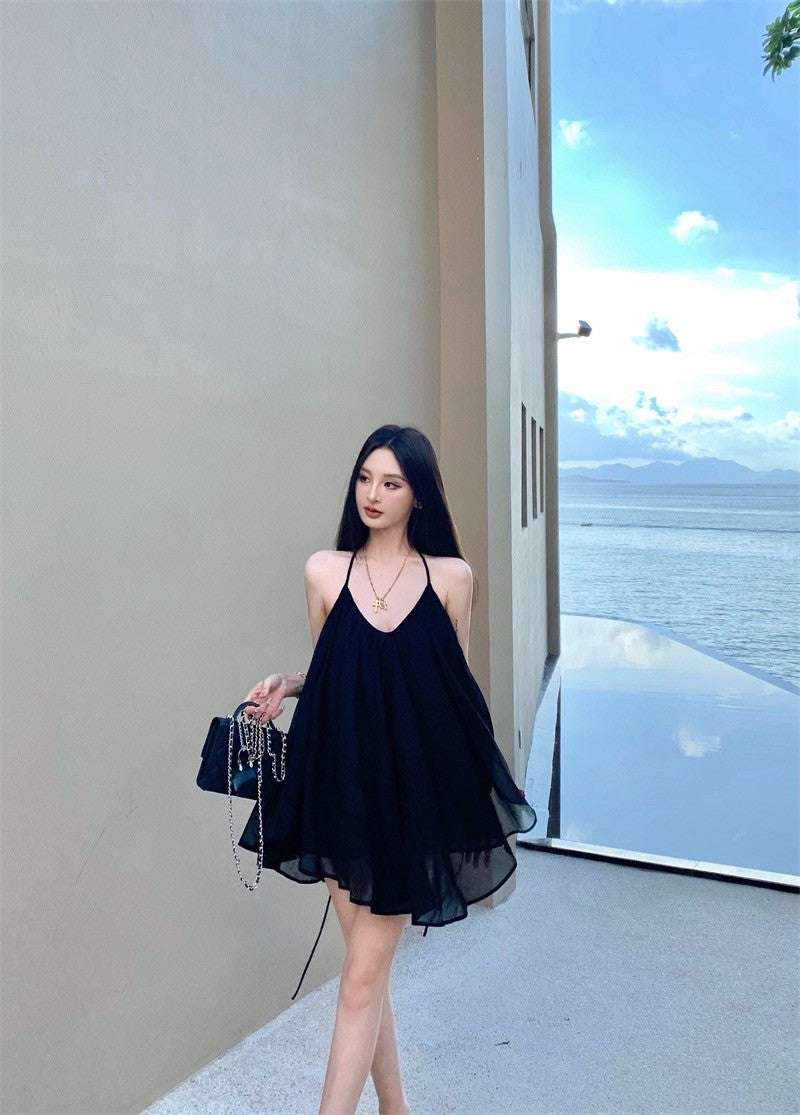 25Aug. 法式飄逸壓折感垂垂上衣裙 裸粉色/黑色