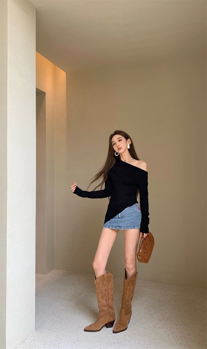 25Jul. 復古熱潮 斜肩彈力面膜踢 淺灰/黑