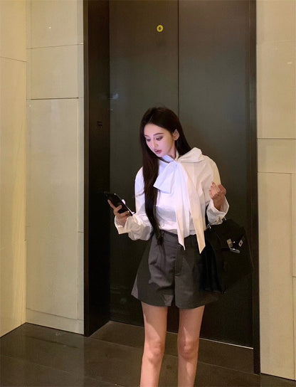 May. 復古法式大蝴蝶結綁帶+襯衫 高腰西裝短褲