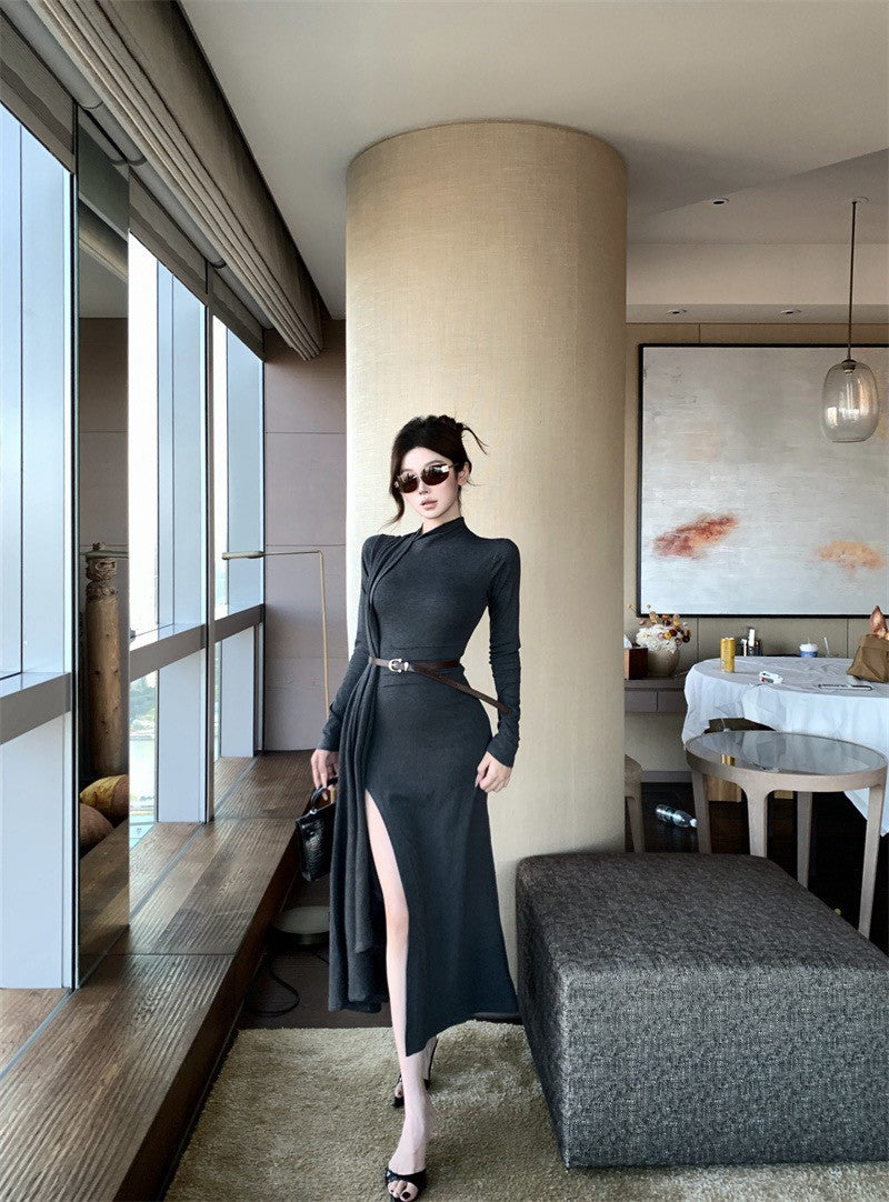 26Jan. 御姐風範不規則開叉包襟連身裙 灰