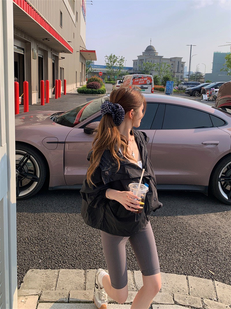 Jun. 美式寬鬆輕薄防曬連帽工裝外套 黑色