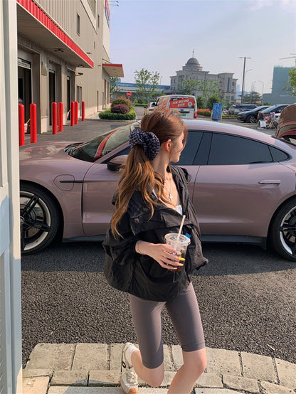 Jun. 美式寬鬆輕薄防曬連帽工裝外套 黑色