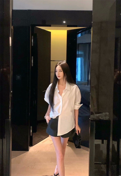 25Jul. 休閒時尚 簡約設計襯衫 拼色褲頭短褲
