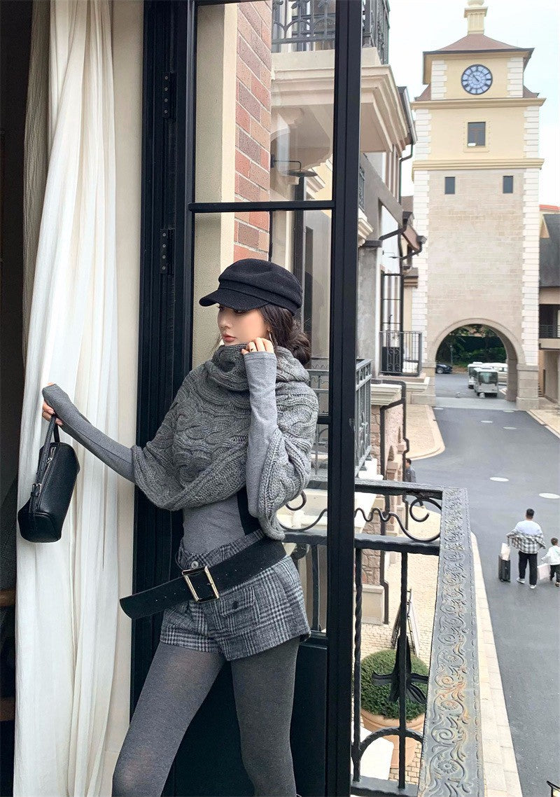 25Dec. 斗篷均碼多用法式花紗針織/英格蘭復古格紋短褲 灰色系