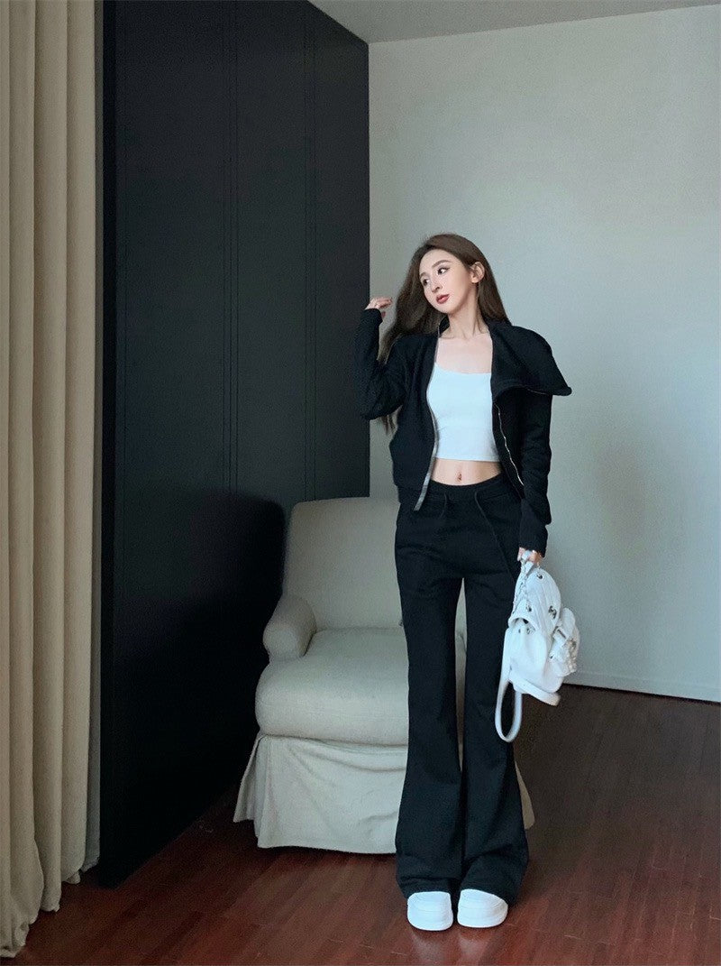 25Jul. 美式休閒 不規則拉鍊立領外套 黑色休閒褲