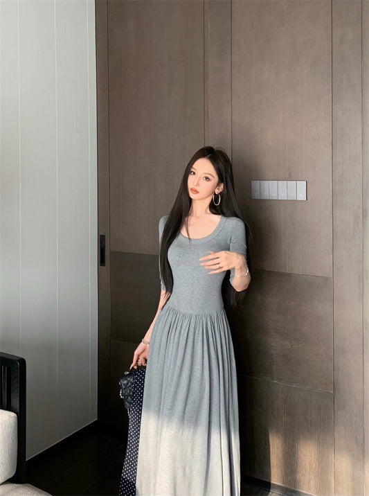 Jun.  簡約氣質赫本圓領針織拼接連身裙 灰