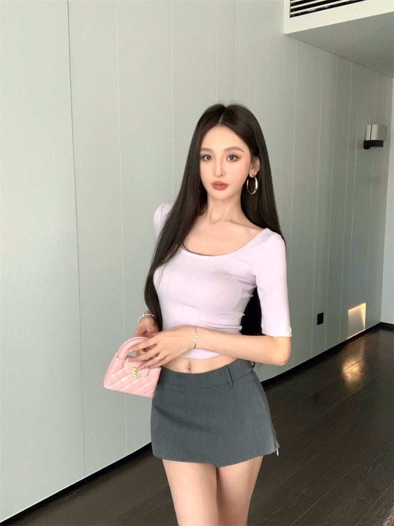 Jun. 日美氣質 修身大U領中袖上衣 淺粉紫 低腰側拉鍊褲裙 灰色褲裙