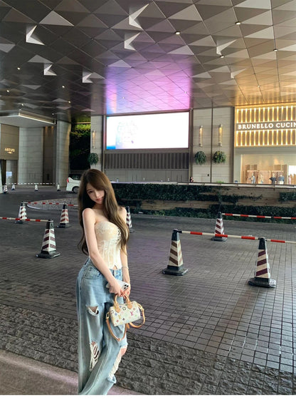 26Jul. 雅痞不規則刷破淺藍高腰闊腿褲