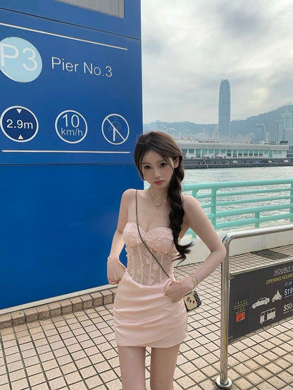 Mar. 奶香洋甘菊 魚骨美腰性感抹胸連身裙 粉