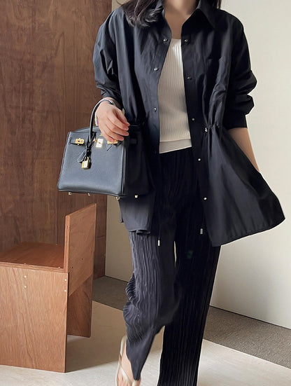 25Sep. 韓系露營chic休閒抽繩收腰中長外套 卡其/白/黑