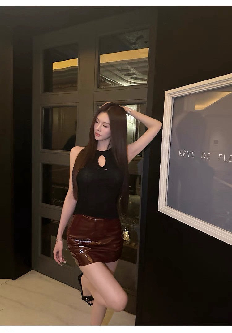 25Jul. 純欲靶心 修身縷空性感針織背心 黑