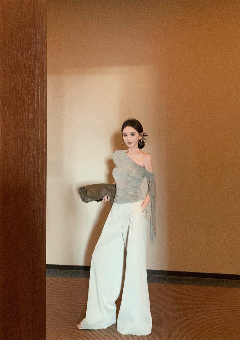 Jun. 姐系高智 單肩飄帶彈力上衣 時髦簡約休閒褲 杏