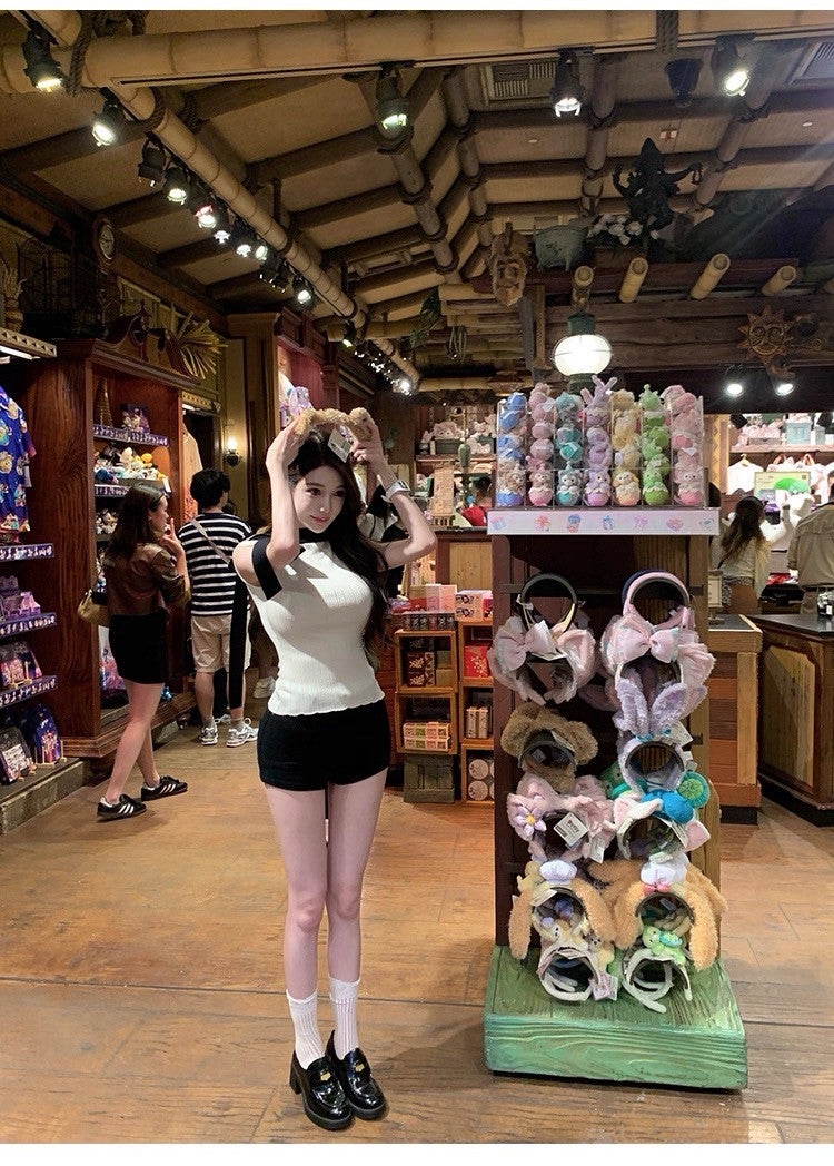 25Sep. 高雅黑白撞色飄帶針織上衣 白