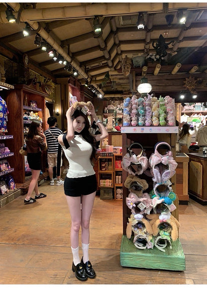 25Sep. 高雅黑白撞色飄帶針織上衣 白