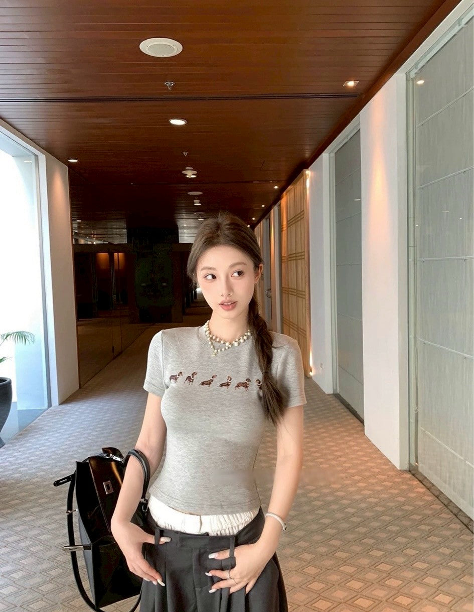 May. Jennie同款臘腸狗 美式正肩彈力上衣 灰