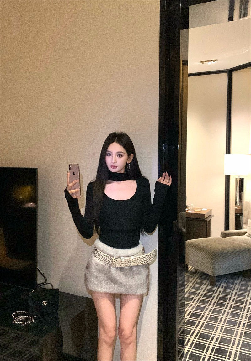 26Jan. 溫柔小蠻腰U領掛脖上衣2色皮草半身裙