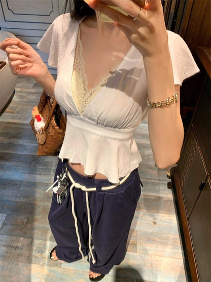 Apr. 法式復古V領收腰短袖白色上衣 奶黃蕾絲內搭