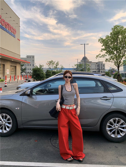 Jun. 經典炸街step高彩度紅色闊腿休閒褲 百搭條紋掛脖背心