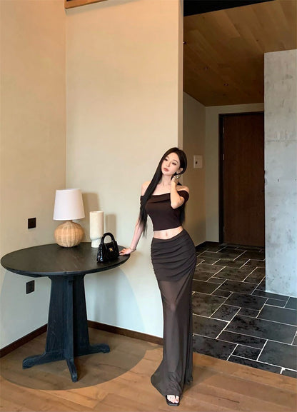 Jun. 淺辣girl 復古一字領透紗半身裙套裝 咖