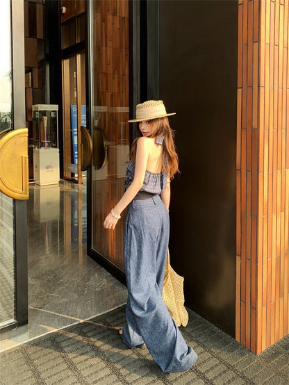 Jun. Spicy辣妹私服 復古格紋掛脖上衣 高腰休閒褲