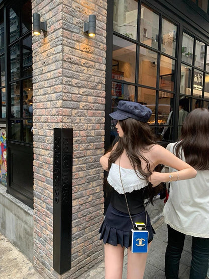 Jun. 純甜歐蕾 撞色繡花魚骨抹胸上衣