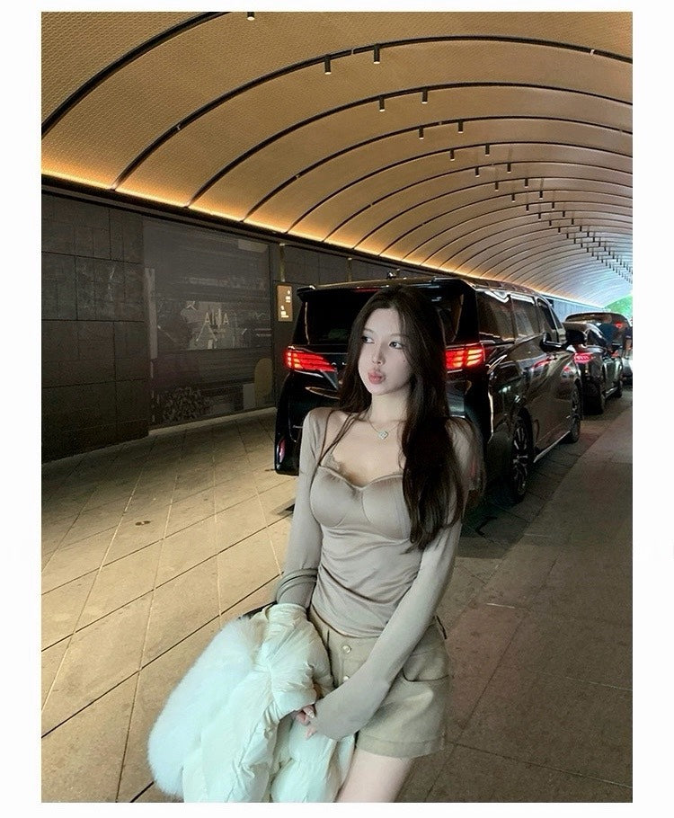 25Nov. 私有浪漫純慾假兩件綁帶掛脖上衣 黑/奶茶色