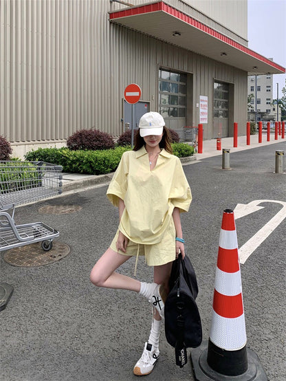 Jun. 街頭素描極簡淡人系列row襯衫上衣 短褲 奶黃