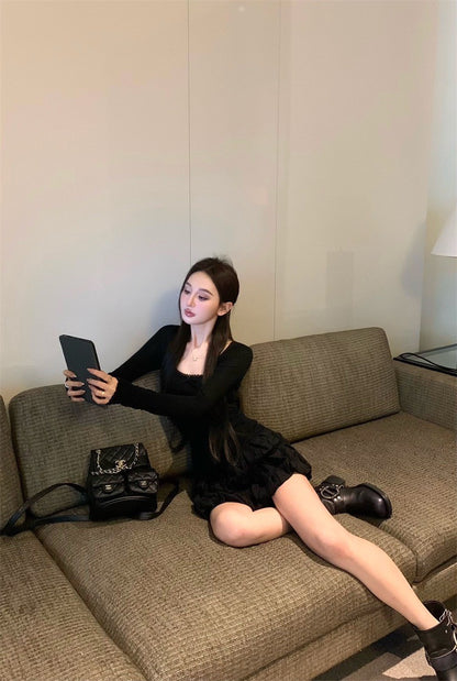 Jun. 奶椰泡泡 薄款芭蕾風打底上衣 花苞半身裙 黑