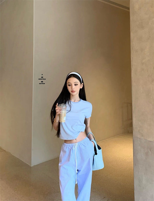 25Jul. 簡約控 居家休閒圓領上衣 條紋鬆緊休閒褲 藍