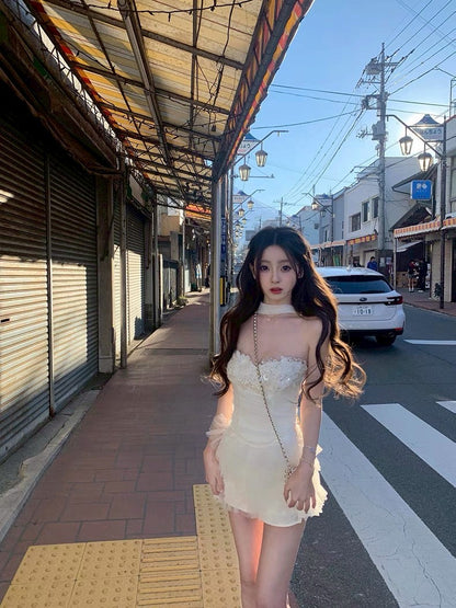 Jun. 玫瑰廢墟 氣質優雅手工花網紗蛋糕裙套裝 粉/白