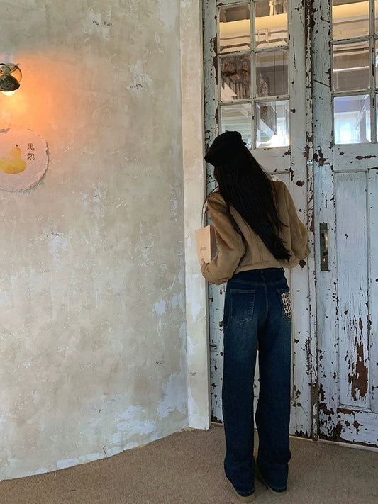 25Nov. 點睛小豹紋植絨刷毛深色直筒牛仔褲