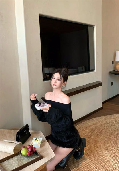 26Jan.精緻姐姐兩穿高彈麻花針織上衣 辣妹毛毛褲裙 黑