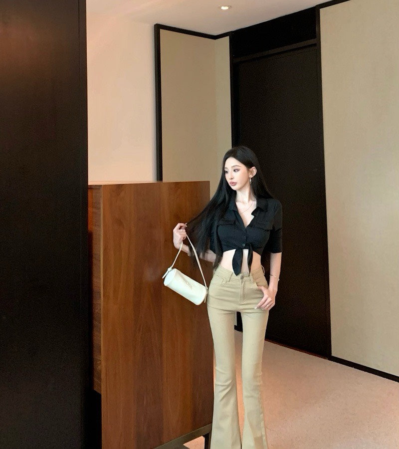 Jun. 辣復古 綁帶短款襯衫 黑 高腰卡其修身喇叭褲