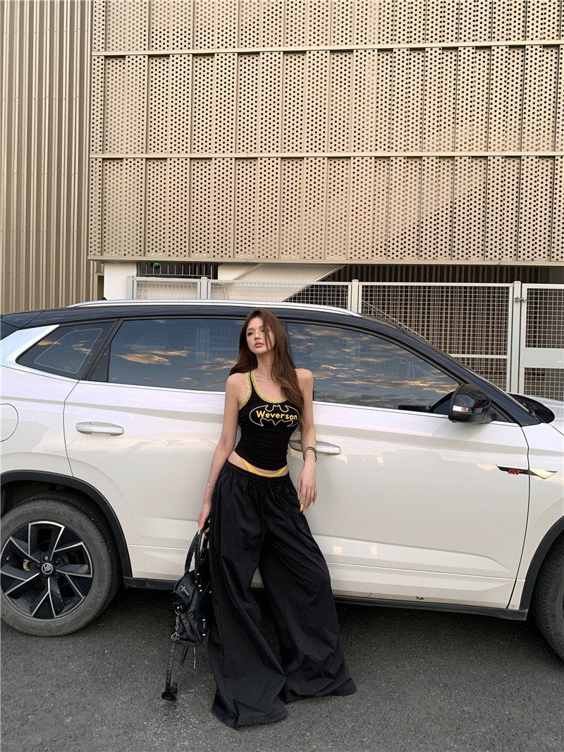 Jun. LA個性女孩 撞色蝙蝠字母印花背心 抽繩鬆緊黑色休閒褲