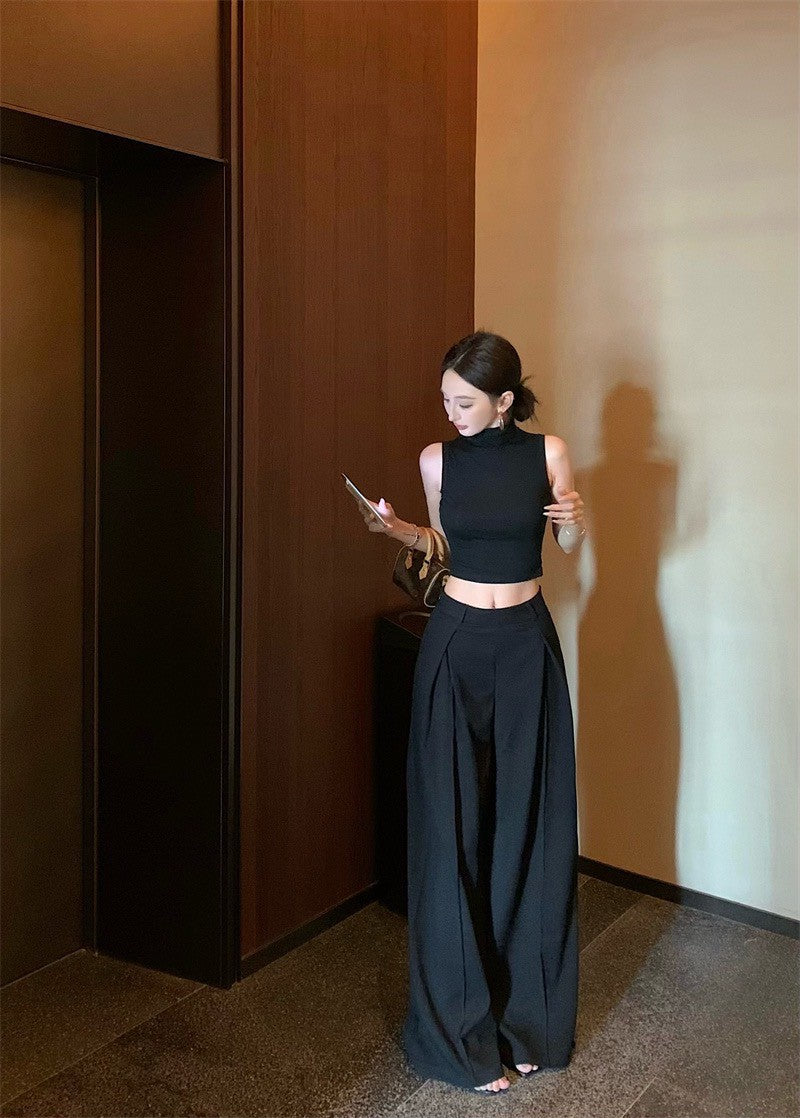 May. 個性簡約半高領純色背心 新款西裝休閒長褲 黑